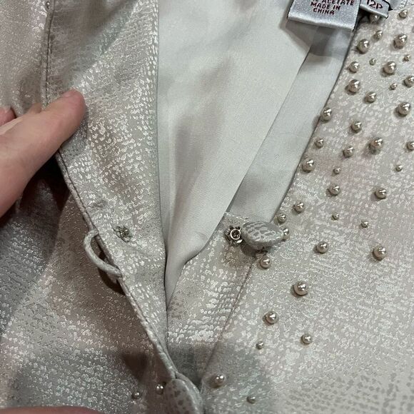 Papell Silver Pearl Studded Blazer Skirt 2 Piece Set Women’s 100% Silk Career - Picture 7 of 12